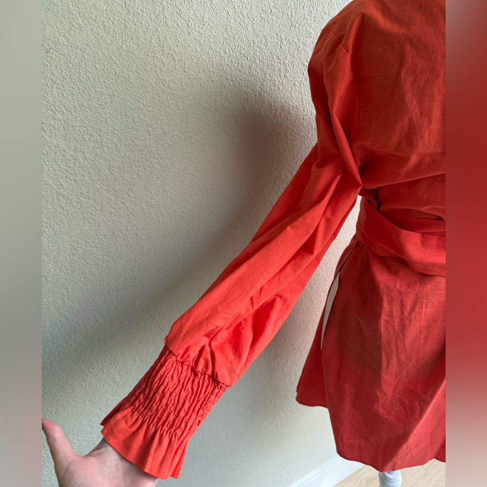 Elegant Coral Linen Wrap Dress - Picture 3 of 8